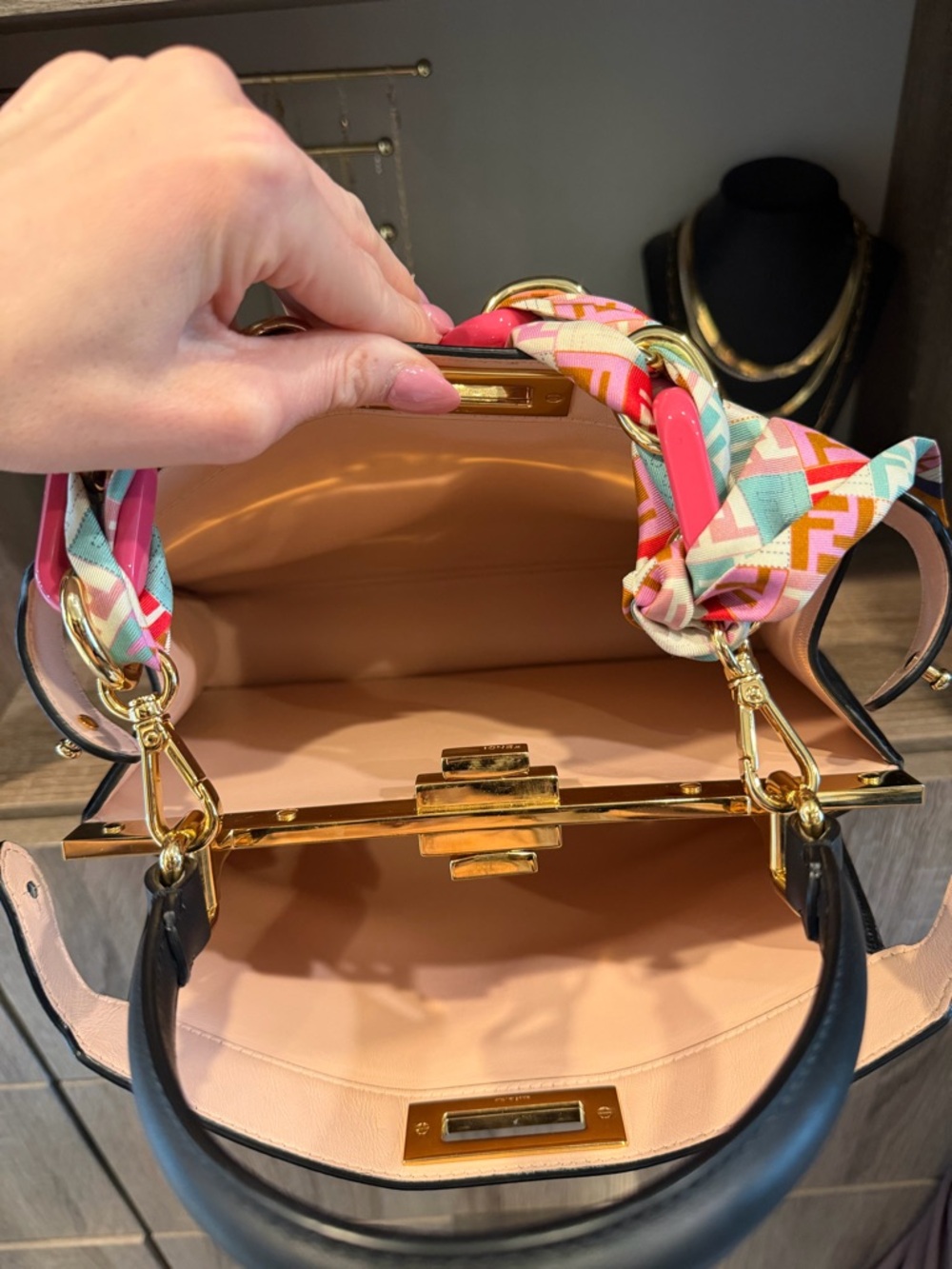Fendi Black Leather Satchel with Pink Interior and Gold Hardware - New - Picture 7 of 8